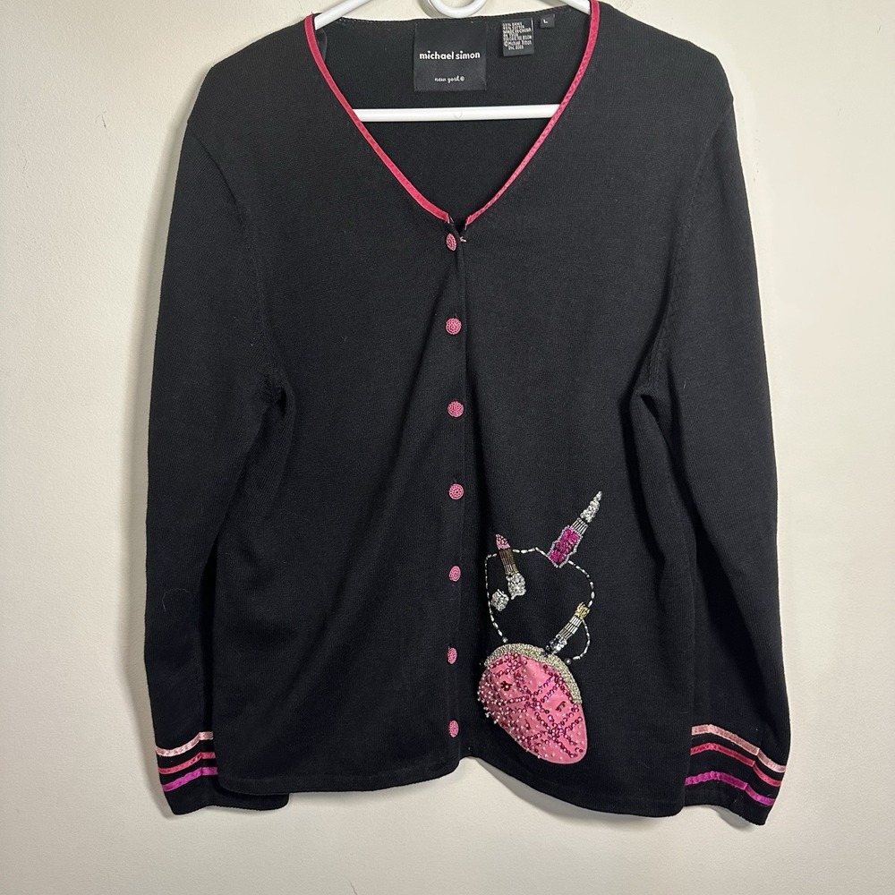 Vintage Michael‎ Simon Women Size Large Makeup Bag black Sequin Cardigan Sweater